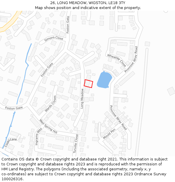 26, LONG MEADOW, WIGSTON, LE18 3TY: Location map and indicative extent of plot