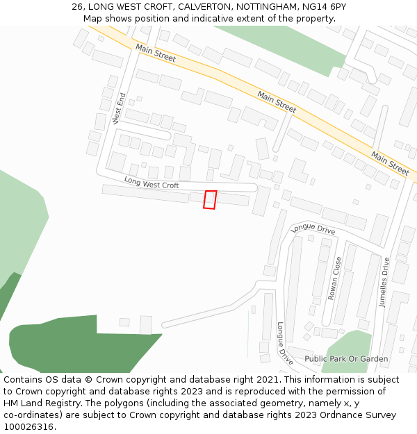 26, LONG WEST CROFT, CALVERTON, NOTTINGHAM, NG14 6PY: Location map and indicative extent of plot