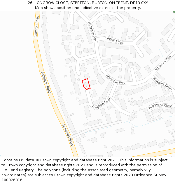 26, LONGBOW CLOSE, STRETTON, BURTON-ON-TRENT, DE13 0XY: Location map and indicative extent of plot