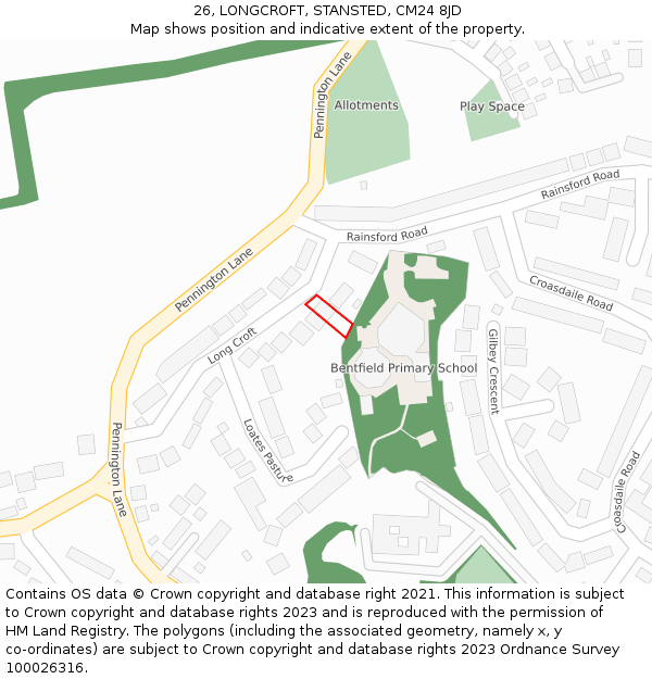 26, LONGCROFT, STANSTED, CM24 8JD: Location map and indicative extent of plot