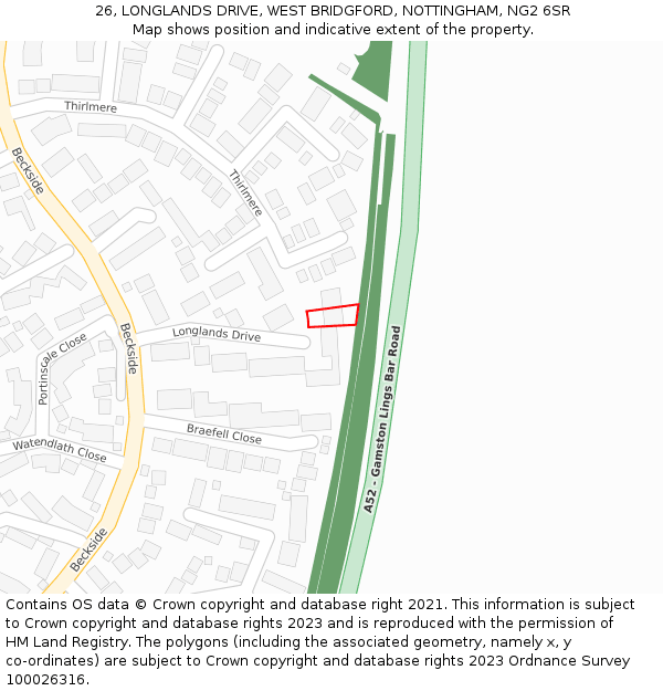 26, LONGLANDS DRIVE, WEST BRIDGFORD, NOTTINGHAM, NG2 6SR: Location map and indicative extent of plot