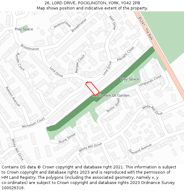 26, LORD DRIVE, POCKLINGTON, YORK, YO42 2PB: Location map and indicative extent of plot