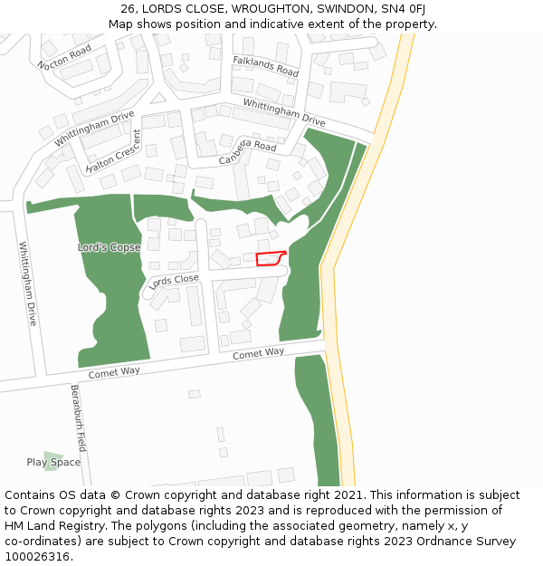 26, LORDS CLOSE, WROUGHTON, SWINDON, SN4 0FJ: Location map and indicative extent of plot