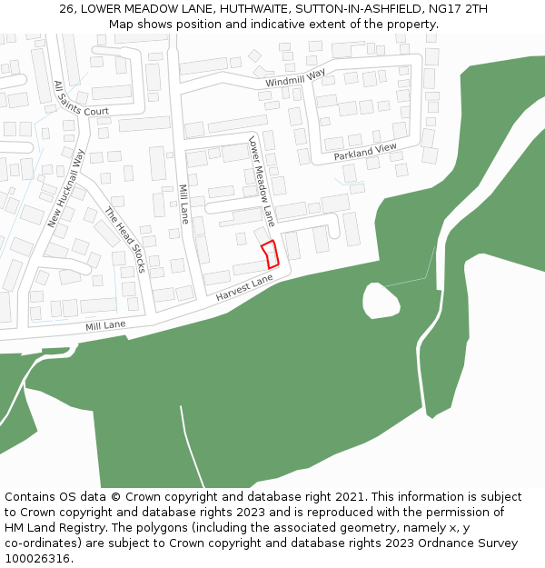 26, LOWER MEADOW LANE, HUTHWAITE, SUTTON-IN-ASHFIELD, NG17 2TH: Location map and indicative extent of plot