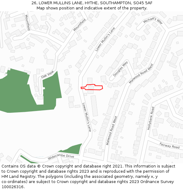 26, LOWER MULLINS LANE, HYTHE, SOUTHAMPTON, SO45 5AF: Location map and indicative extent of plot
