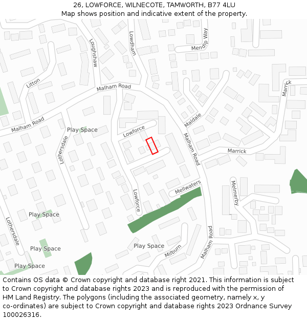 26, LOWFORCE, WILNECOTE, TAMWORTH, B77 4LU: Location map and indicative extent of plot