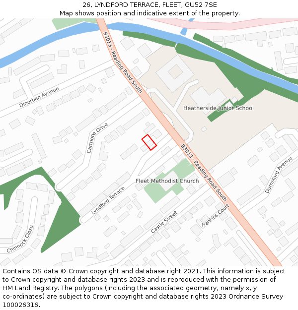 26, LYNDFORD TERRACE, FLEET, GU52 7SE: Location map and indicative extent of plot