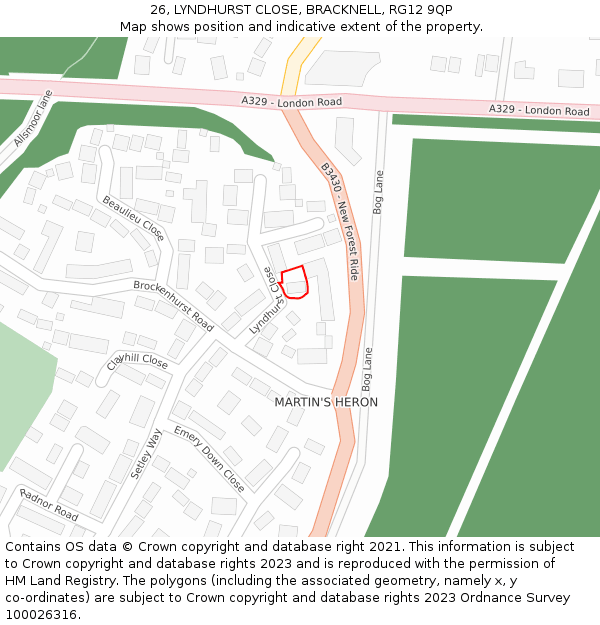 26, LYNDHURST CLOSE, BRACKNELL, RG12 9QP: Location map and indicative extent of plot
