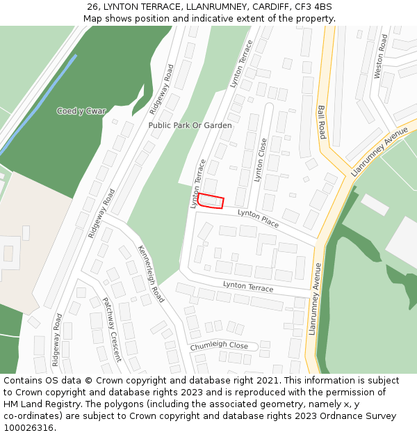 26, LYNTON TERRACE, LLANRUMNEY, CARDIFF, CF3 4BS: Location map and indicative extent of plot