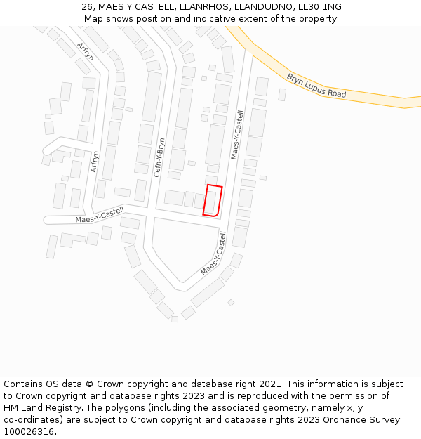 26, MAES Y CASTELL, LLANRHOS, LLANDUDNO, LL30 1NG: Location map and indicative extent of plot