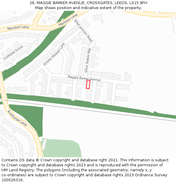 26, MAGGIE BARKER AVENUE, CROSSGATES, LEEDS, LS15 8FH: Location map and indicative extent of plot