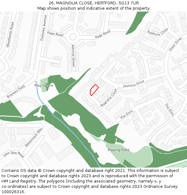 26, MAGNOLIA CLOSE, HERTFORD, SG13 7UR: Location map and indicative extent of plot