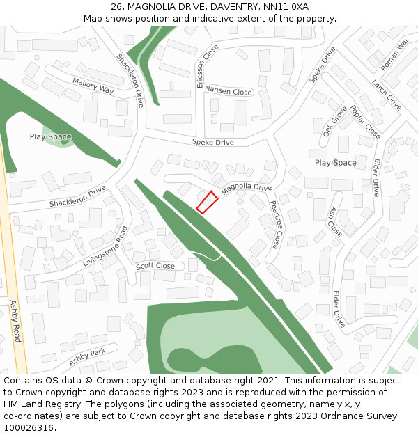 26, MAGNOLIA DRIVE, DAVENTRY, NN11 0XA: Location map and indicative extent of plot