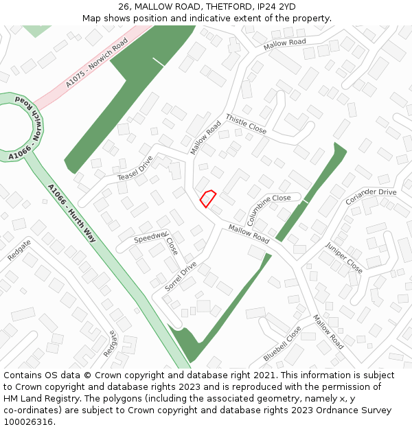 26, MALLOW ROAD, THETFORD, IP24 2YD: Location map and indicative extent of plot