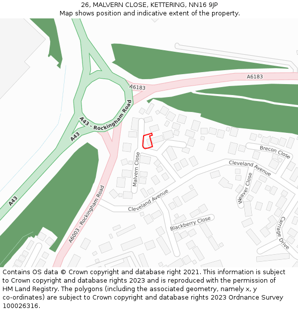 26, MALVERN CLOSE, KETTERING, NN16 9JP: Location map and indicative extent of plot