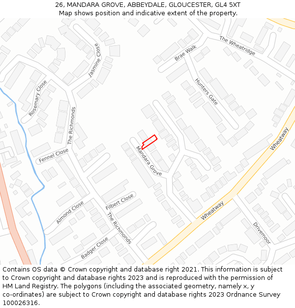 26, MANDARA GROVE, ABBEYDALE, GLOUCESTER, GL4 5XT: Location map and indicative extent of plot