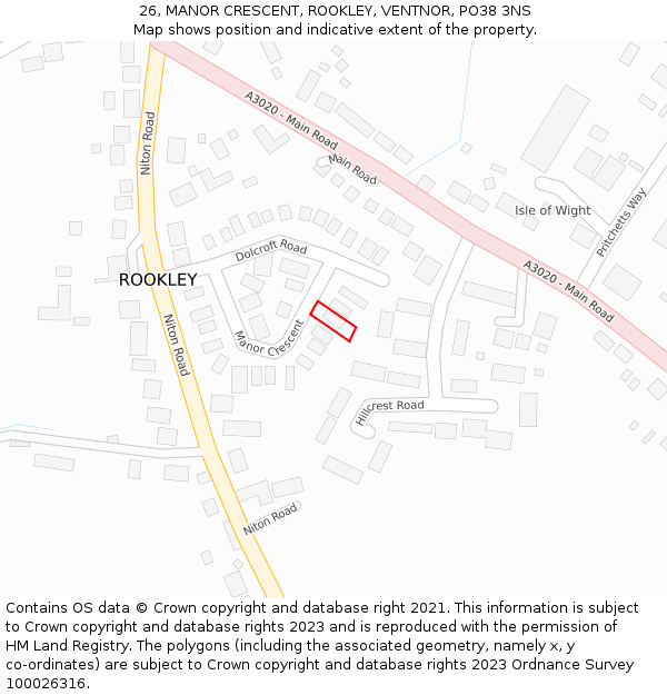 26, MANOR CRESCENT, ROOKLEY, VENTNOR, PO38 3NS: Location map and indicative extent of plot