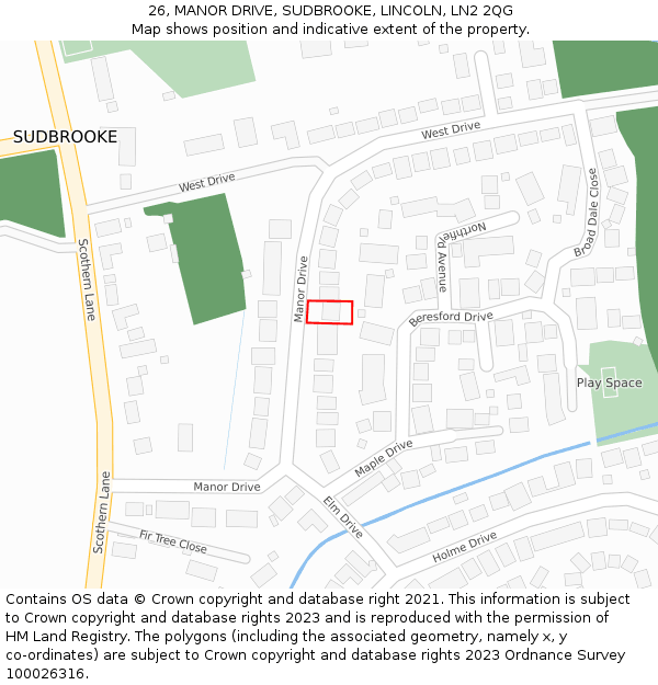 26, MANOR DRIVE, SUDBROOKE, LINCOLN, LN2 2QG: Location map and indicative extent of plot