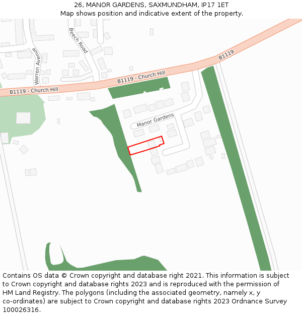 26, MANOR GARDENS, SAXMUNDHAM, IP17 1ET: Location map and indicative extent of plot