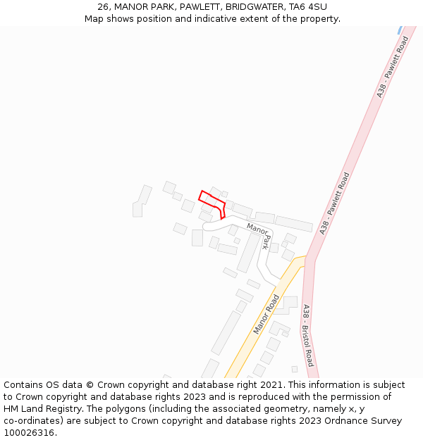 26, MANOR PARK, PAWLETT, BRIDGWATER, TA6 4SU: Location map and indicative extent of plot