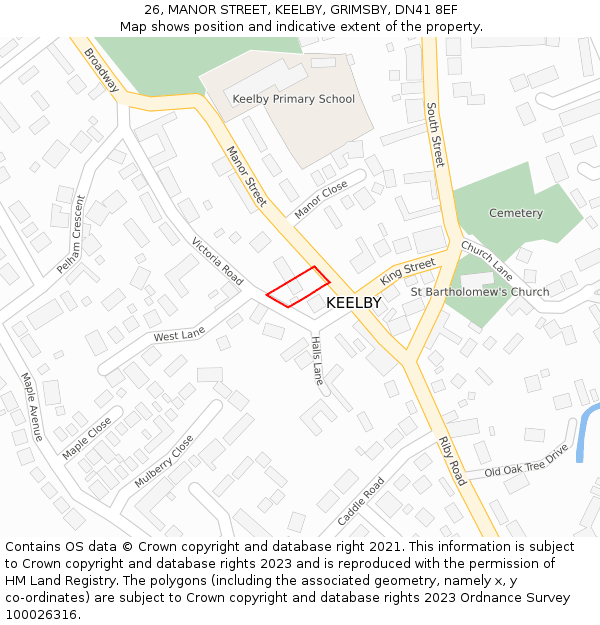 26, MANOR STREET, KEELBY, GRIMSBY, DN41 8EF: Location map and indicative extent of plot