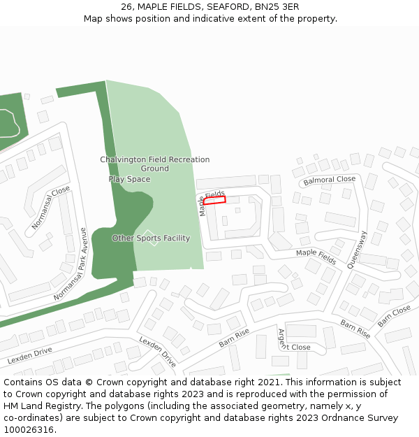 26, MAPLE FIELDS, SEAFORD, BN25 3ER: Location map and indicative extent of plot