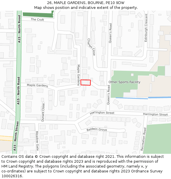 26, MAPLE GARDENS, BOURNE, PE10 9DW: Location map and indicative extent of plot