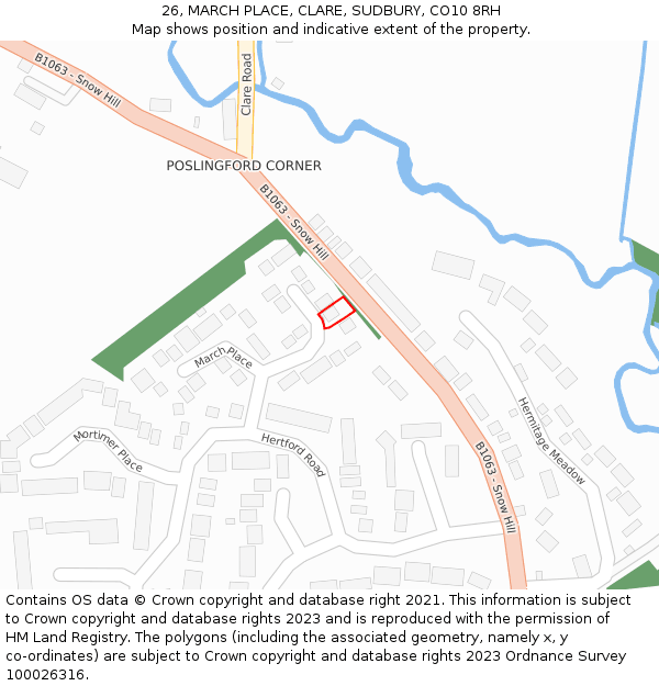 26, MARCH PLACE, CLARE, SUDBURY, CO10 8RH: Location map and indicative extent of plot