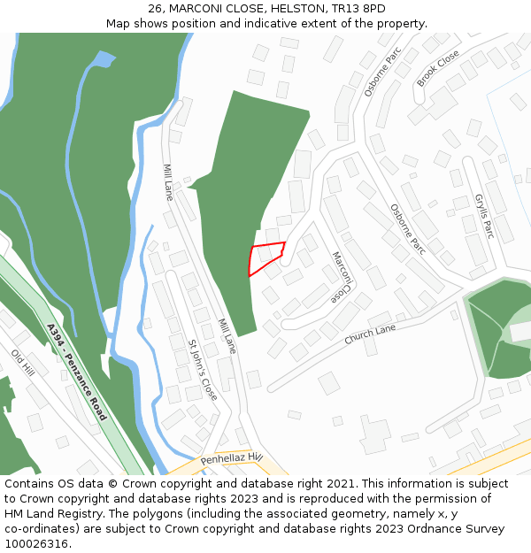 26, MARCONI CLOSE, HELSTON, TR13 8PD: Location map and indicative extent of plot