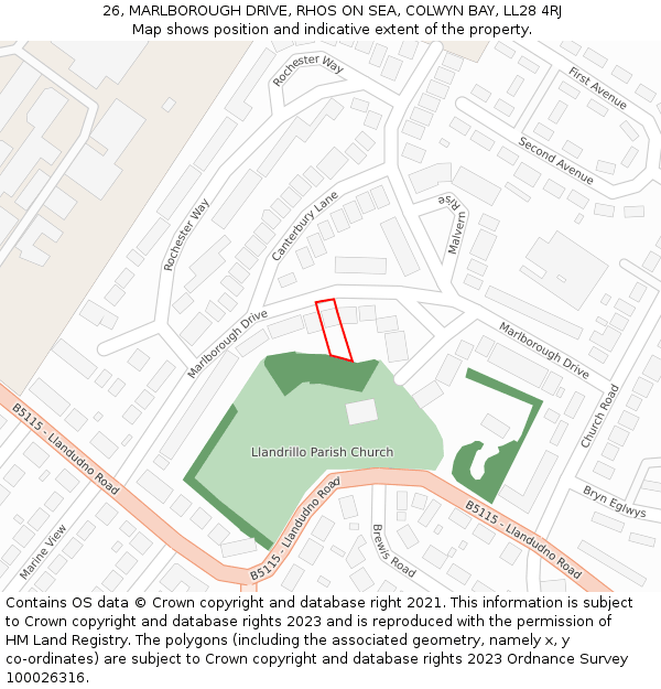 26, MARLBOROUGH DRIVE, RHOS ON SEA, COLWYN BAY, LL28 4RJ: Location map and indicative extent of plot