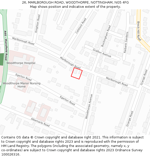 26, MARLBOROUGH ROAD, WOODTHORPE, NOTTINGHAM, NG5 4FG: Location map and indicative extent of plot