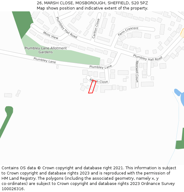 26, MARSH CLOSE, MOSBOROUGH, SHEFFIELD, S20 5PZ: Location map and indicative extent of plot