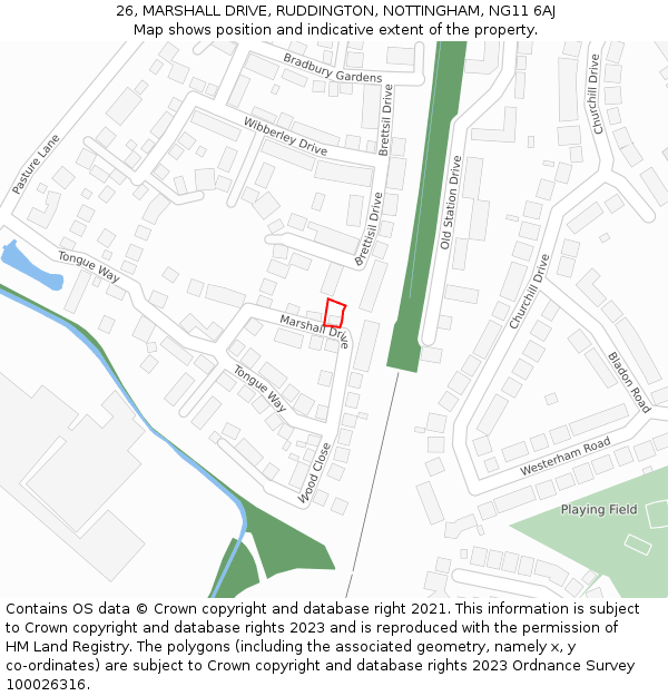 26, MARSHALL DRIVE, RUDDINGTON, NOTTINGHAM, NG11 6AJ: Location map and indicative extent of plot