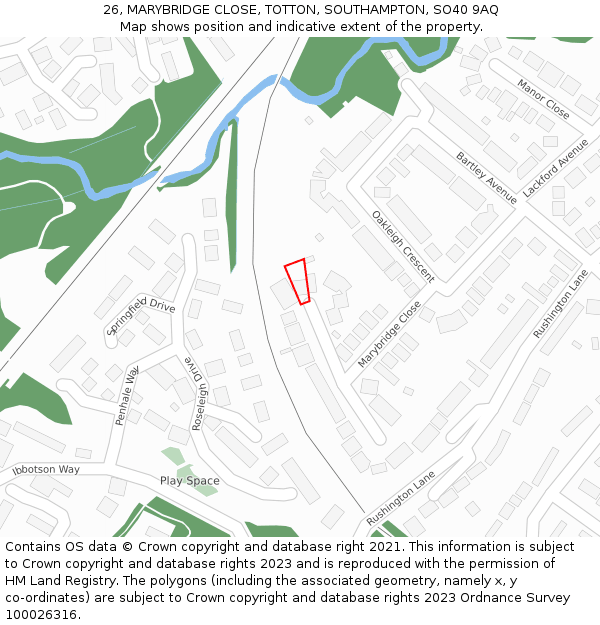 26, MARYBRIDGE CLOSE, TOTTON, SOUTHAMPTON, SO40 9AQ: Location map and indicative extent of plot