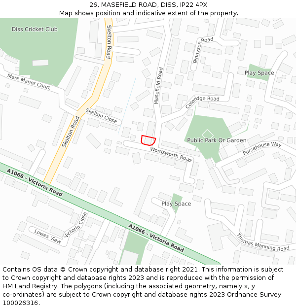 26, MASEFIELD ROAD, DISS, IP22 4PX: Location map and indicative extent of plot