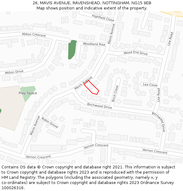 26, MAVIS AVENUE, RAVENSHEAD, NOTTINGHAM, NG15 9EB: Location map and indicative extent of plot
