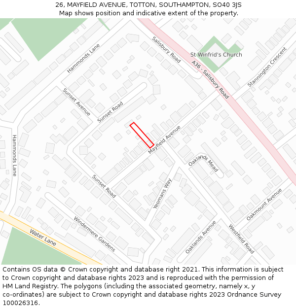 26, MAYFIELD AVENUE, TOTTON, SOUTHAMPTON, SO40 3JS: Location map and indicative extent of plot