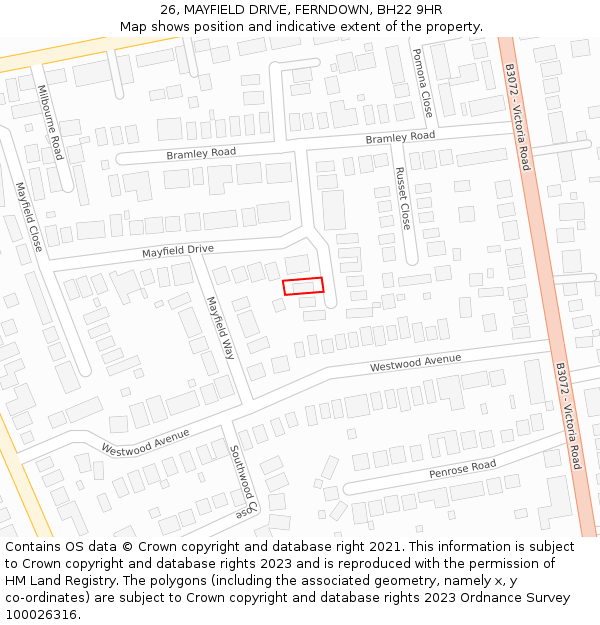 26, MAYFIELD DRIVE, FERNDOWN, BH22 9HR: Location map and indicative extent of plot