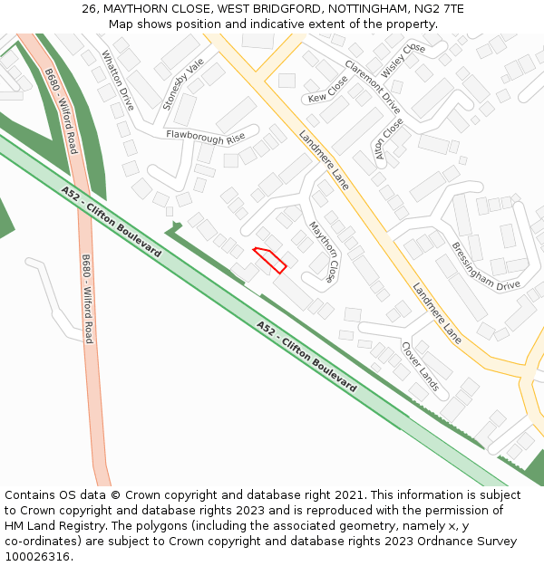 26, MAYTHORN CLOSE, WEST BRIDGFORD, NOTTINGHAM, NG2 7TE: Location map and indicative extent of plot