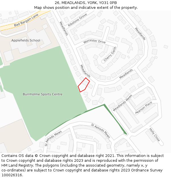 26, MEADLANDS, YORK, YO31 0PB: Location map and indicative extent of plot