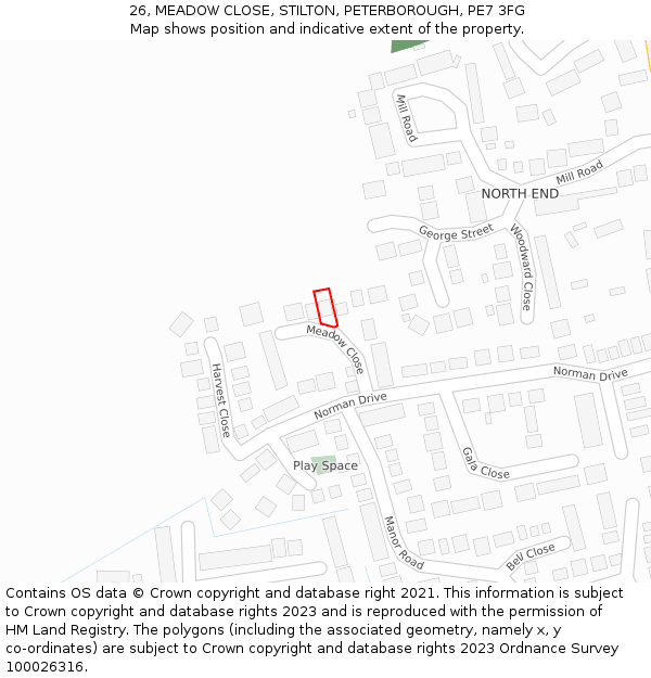 26, MEADOW CLOSE, STILTON, PETERBOROUGH, PE7 3FG: Location map and indicative extent of plot