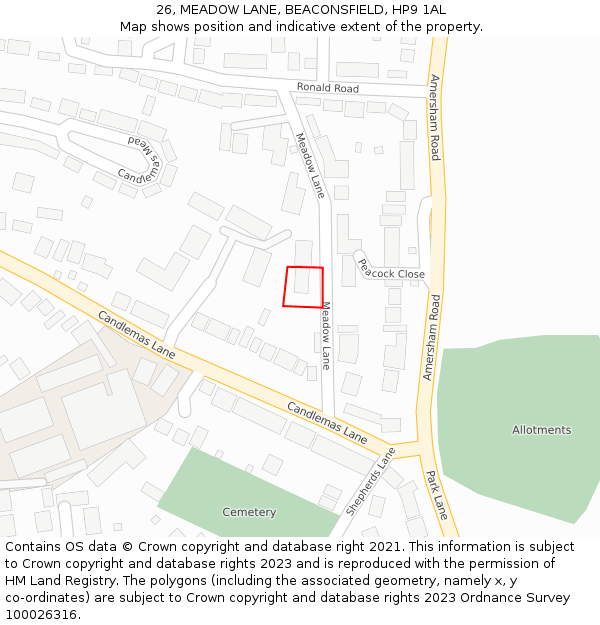 26, MEADOW LANE, BEACONSFIELD, HP9 1AL: Location map and indicative extent of plot