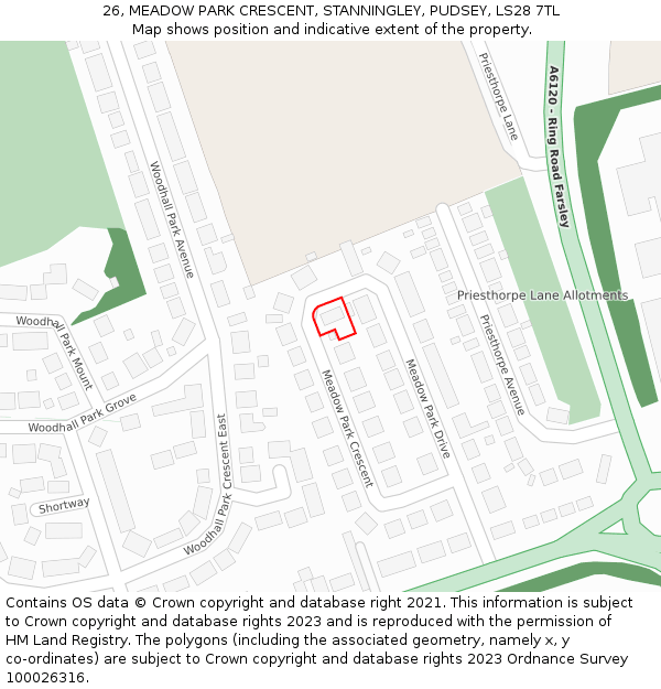 26, MEADOW PARK CRESCENT, STANNINGLEY, PUDSEY, LS28 7TL: Location map and indicative extent of plot