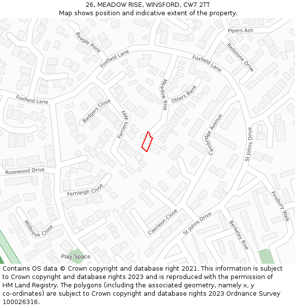 26, MEADOW RISE, WINSFORD, CW7 2TT: Location map and indicative extent of plot