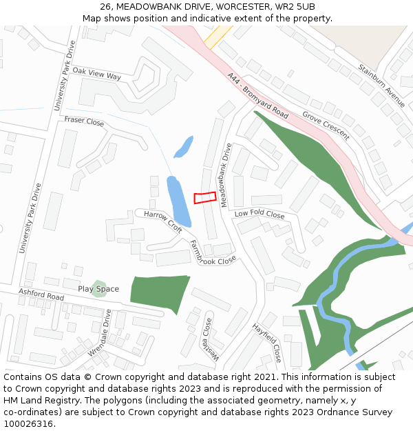 26, MEADOWBANK DRIVE, WORCESTER, WR2 5UB: Location map and indicative extent of plot