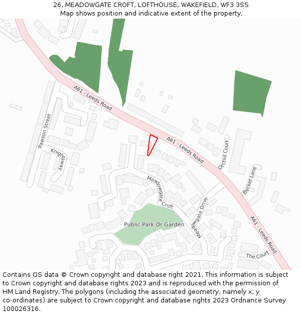 26, MEADOWGATE CROFT, LOFTHOUSE, WAKEFIELD, WF3 3SS: Location map and indicative extent of plot