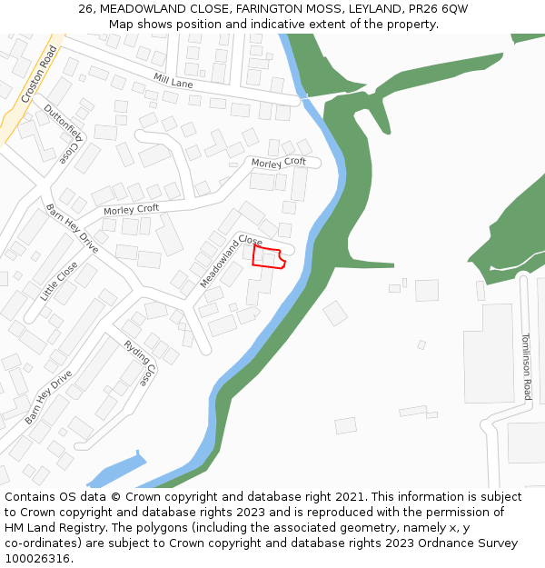 26, MEADOWLAND CLOSE, FARINGTON MOSS, LEYLAND, PR26 6QW: Location map and indicative extent of plot