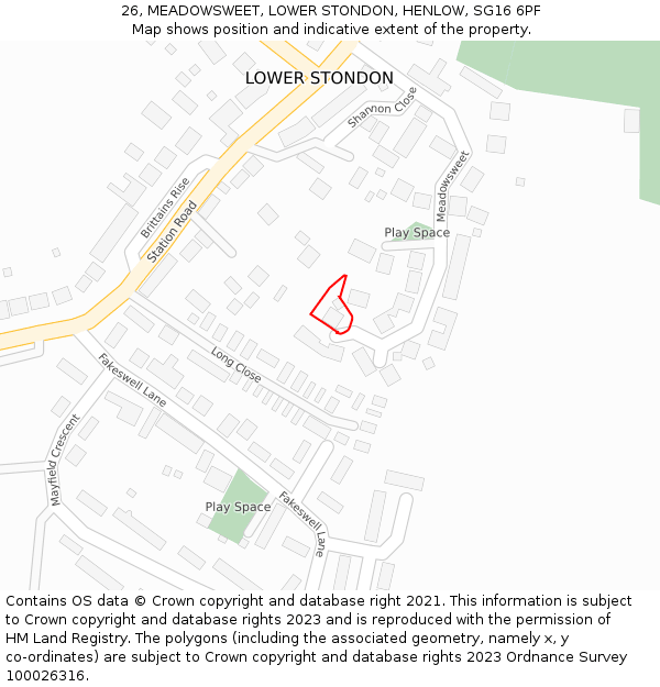 26, MEADOWSWEET, LOWER STONDON, HENLOW, SG16 6PF: Location map and indicative extent of plot