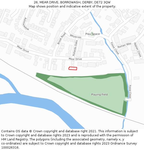 26, MEAR DRIVE, BORROWASH, DERBY, DE72 3QW: Location map and indicative extent of plot