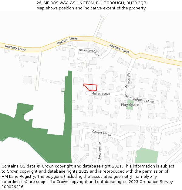 26, MEIROS WAY, ASHINGTON, PULBOROUGH, RH20 3QB: Location map and indicative extent of plot